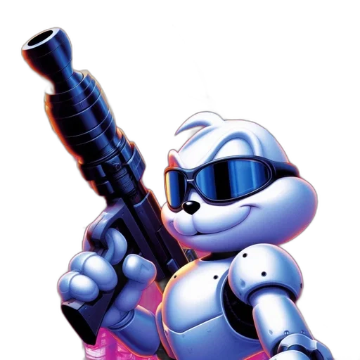 robot, weapon, animal, staff, concept art, 3d render, pixel art, vaporwave transparent PNG cut-out
