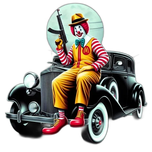 car, robot, food, concept art, photorealistic, comic book art, clown, wearing transparent PNG cut-out