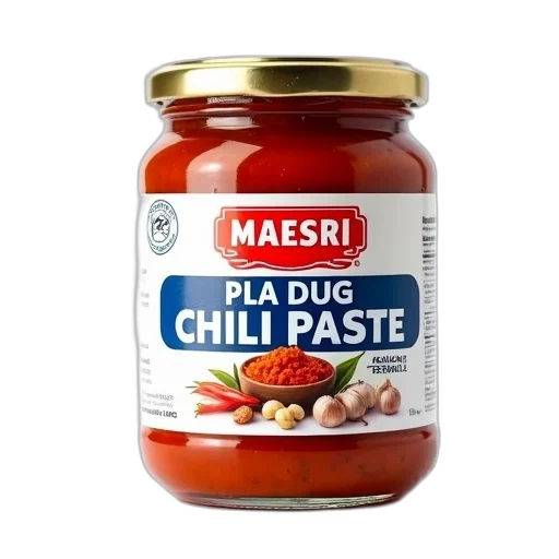 food, photorealistic, jar, chili, paste, label, reads, maesri transparent PNG cut-out