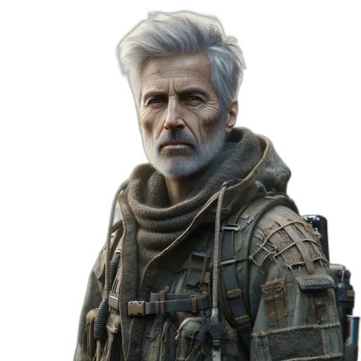 face, jacket, weapon, concept art, fantasy art, photorealistic, pixel art, earth tones transparent PNG cut-out