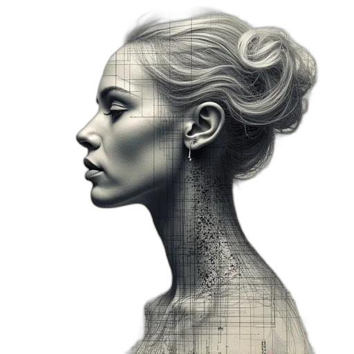 face, hair, robot, crown, photorealistic, concept art, pencil sketch, fantasy art transparent PNG cut-out
