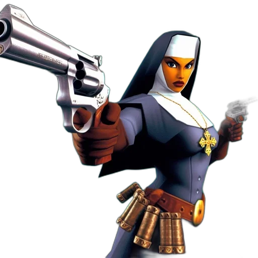 weapon, concept art, comic book art, 3d render, pixel art, nun, wielding, dual transparent PNG cut-out