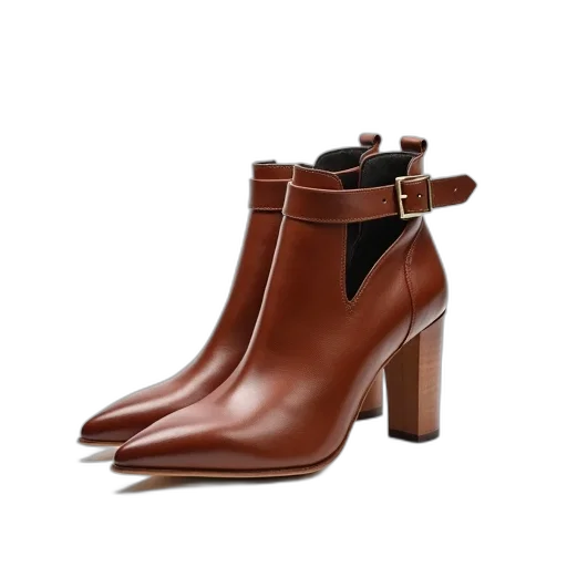 shoes, pair, brown, leather, high-heeled, pointed, toe, strap transparent PNG cut-out