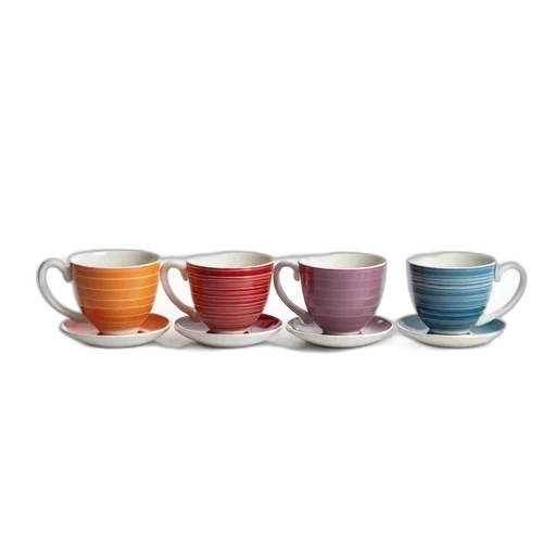 3d render, colorful, pastel, set, four, ceramic, coffee, mugs transparent PNG cut-out