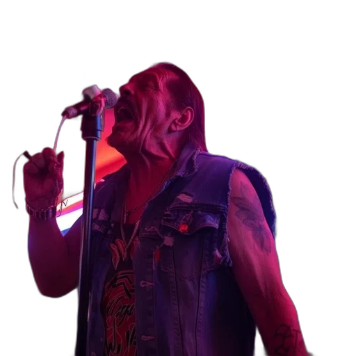 jacket, man, denim, vest, tattoos, microphone, sings, neon-lit transparent PNG cut-out