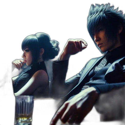 jacket, concept art, cyberpunk, photorealistic, 3d render, two, people, sit transparent PNG cut-out
