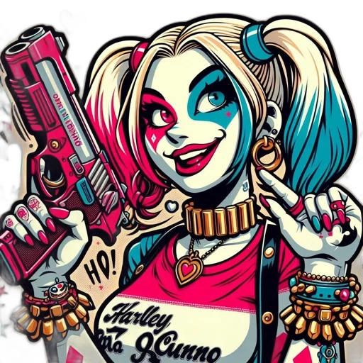 weapon, comic book art, cartoon, concept art, pixel art, animated, portrait, harley transparent PNG cut-out
