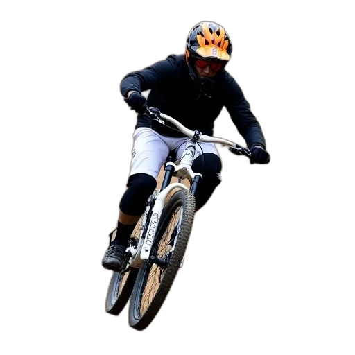 photorealistic, 3d render, pixel art, concept art, mountain, biker, riding, down transparent PNG cut-out