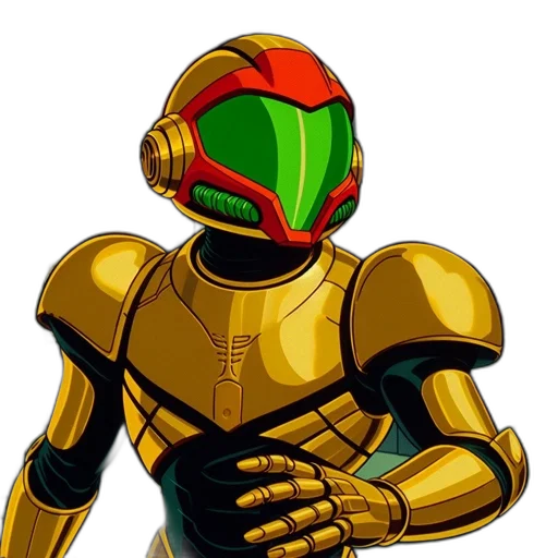 robot, mask, pixel art, concept art, 3d render, cartoon, green, golden transparent PNG cut-out