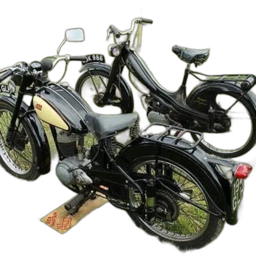 3d render, photorealistic, concept art, two, vintage, motorcycles, one, cream-colored transparent PNG cut-out