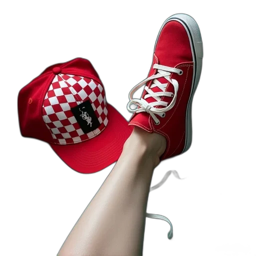 shoes, hat, 3d render, photorealistic, concept art, pixel art, red, person transparent PNG cut-out