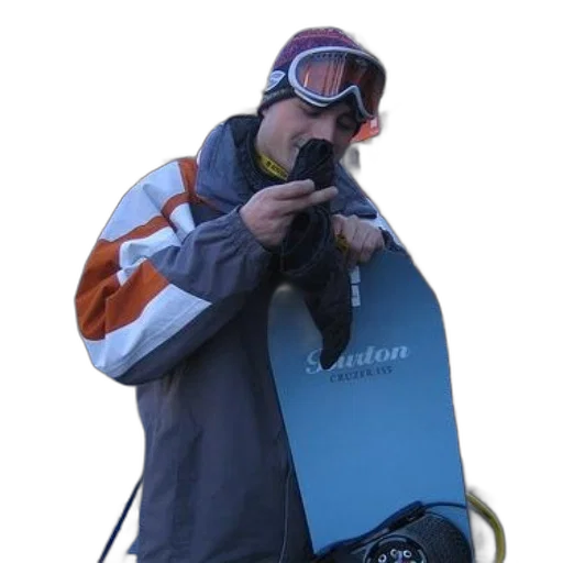 jacket, staff, man, grey, orange, holds, blue, snowboard transparent PNG cut-out