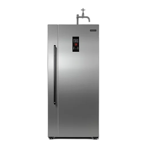 robot, 3d render, sleek, modern, stainless, steel, refrigerator, single transparent PNG cut-out