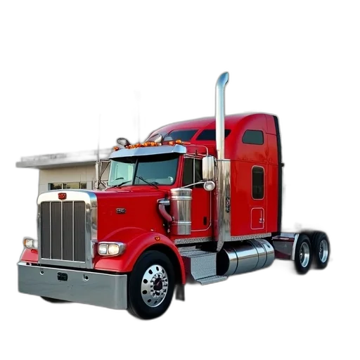 photorealistic, 3d render, red, white, semi-truck, parked, front, building transparent PNG cut-out