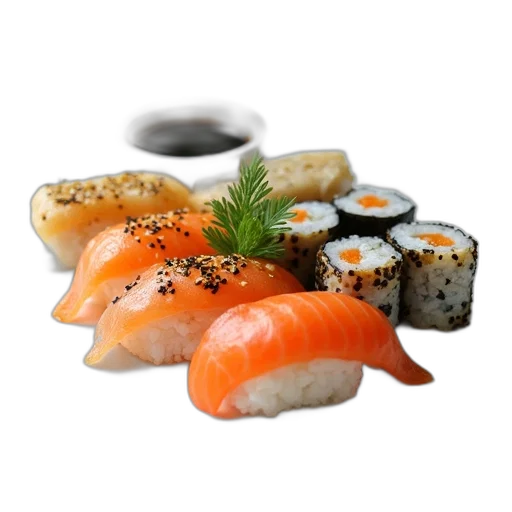 food, jewelry, photorealistic, 3d render, sushi, platter, variety, pieces transparent PNG cut-out