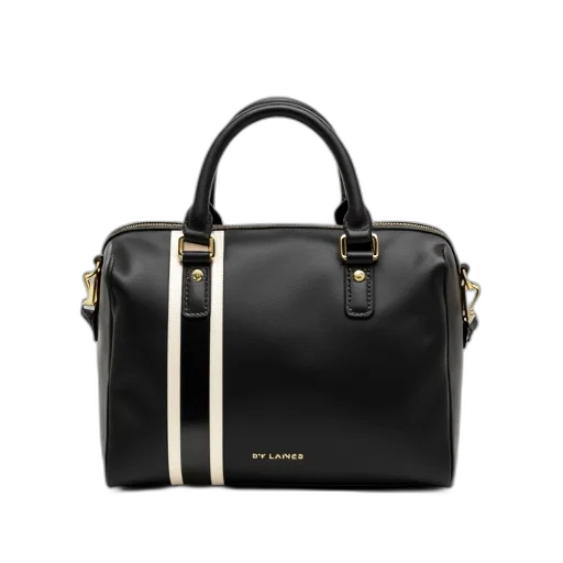 black, handbag, gold, zipper, white, stripe, side, displayed transparent PNG cut-out