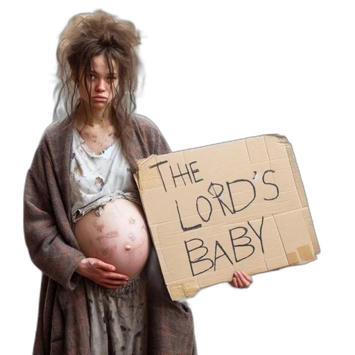 distressed, pregnant, woman, stands, alone, city, street, holding transparent PNG cut-out