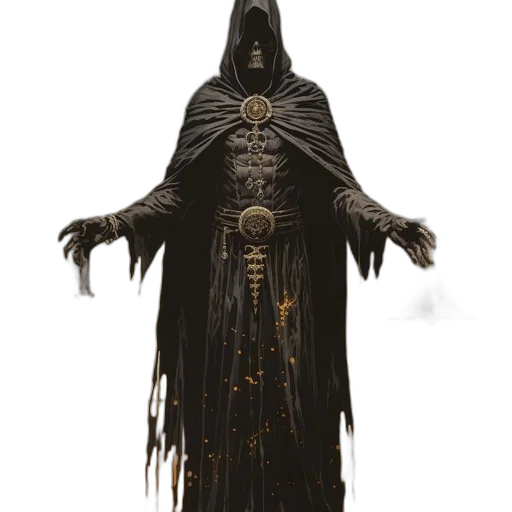 dress, staff, creature, mask, concept art, fantasy art, 3d render, dark transparent PNG cut-out