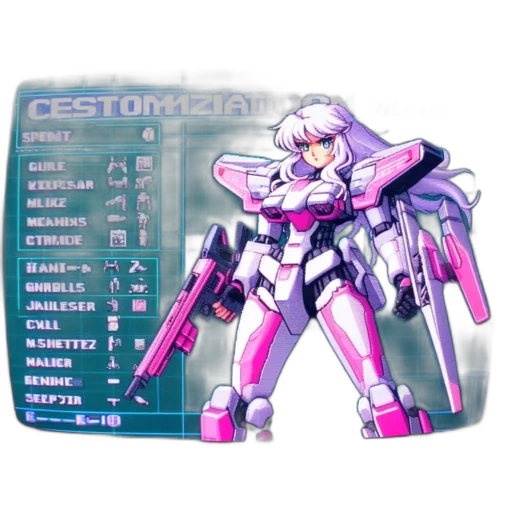 robot, weapon, jacket, vaporwave, cyberpunk, concept art, pixel art, pastel transparent PNG cut-out