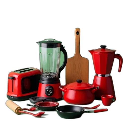 food, 3d render, red, collection, kitchen, utensils, appliances, displayed transparent PNG cut-out