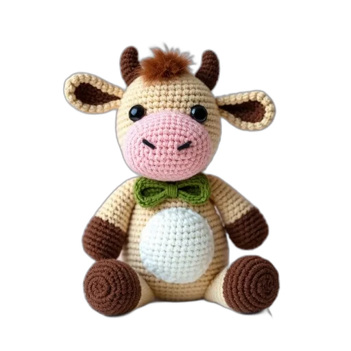 animal, crocheted, plush, toy, cow, beige, body, brown transparent PNG cut-out