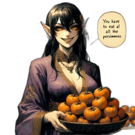 food, concept art, fantasy art, comic book art, female, elf-like, character, mischievous transparent PNG cut-out