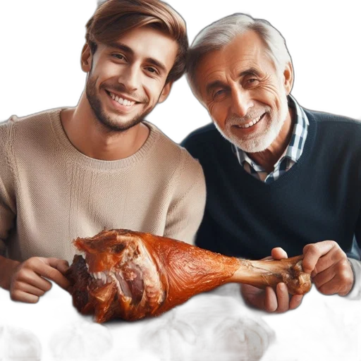 food, animal, photorealistic, two, men, smile, together, across transparent PNG cut-out