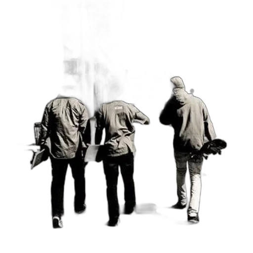 jacket, staff, concept art, photorealistic, comic book art, monochrome, three, skateboarders transparent PNG cut-out