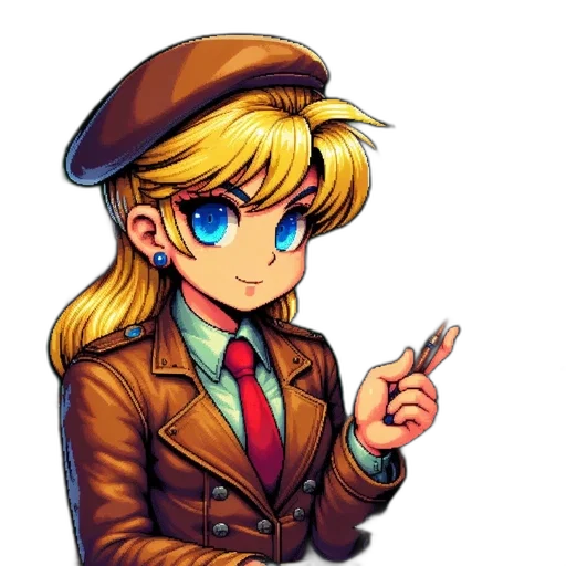 staff, jacket, hat, weapon, pixel art, anime, cartoon, vaporwave transparent PNG cut-out