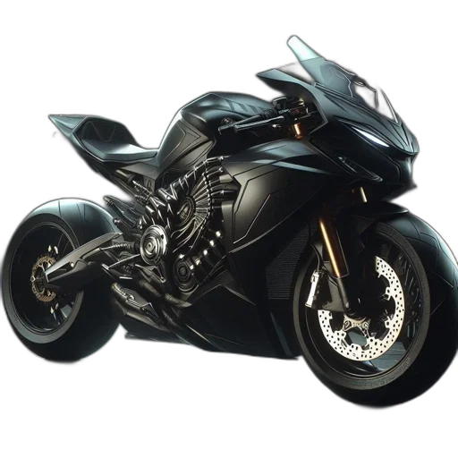 3d render, photorealistic, concept art, cartoon, futuristic, black, motorcycle, silver transparent PNG cut-out