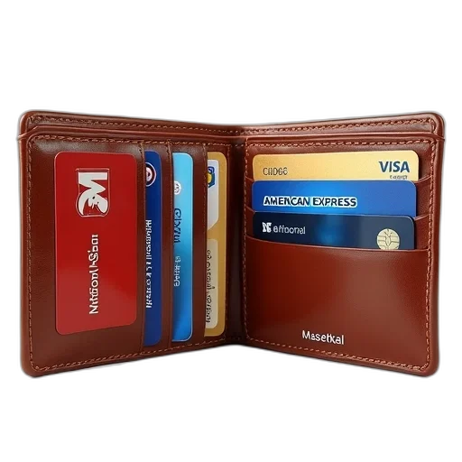brown, leather, wallet, open, displaying, various, credit, cards transparent PNG cut-out