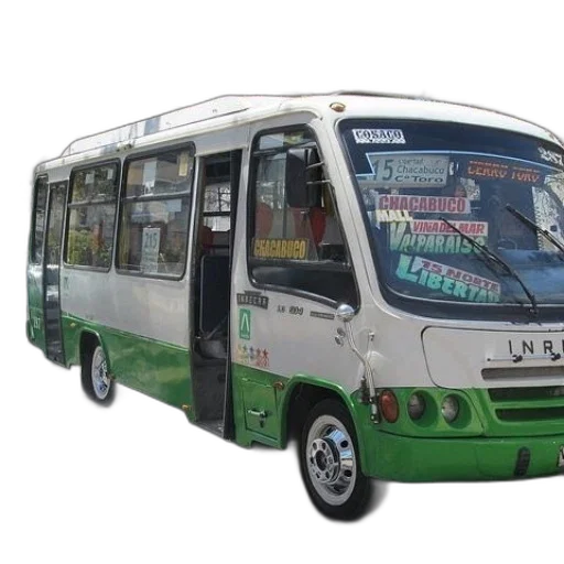 3d render, photorealistic, green, white, bus, word, chacabuco, front transparent PNG cut-out
