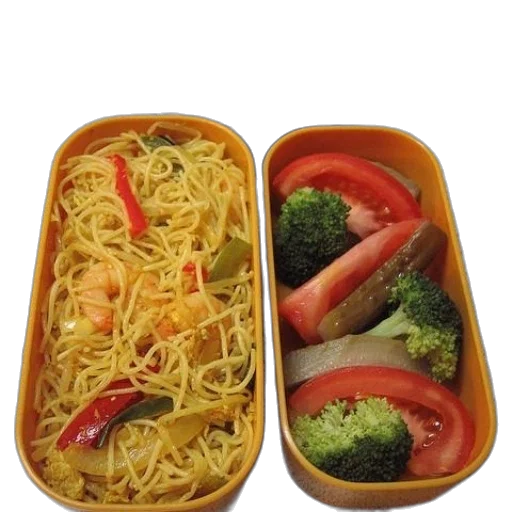 food, 3d render, photorealistic, bento, box, noodles, vegetables, fruit transparent PNG cut-out