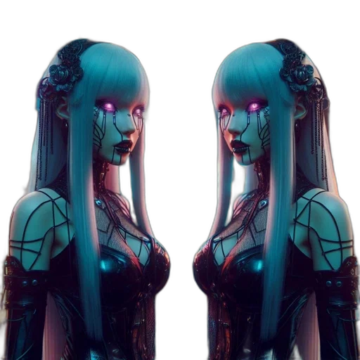 hair, dress, robot, mask, 3d render, cyberpunk, concept art, vaporwave transparent PNG cut-out