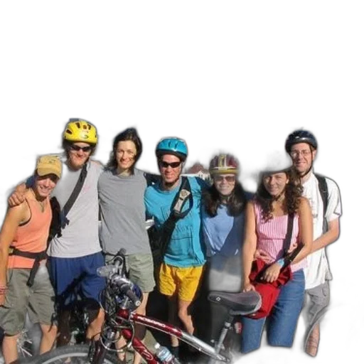staff, group, cyclists, poses, photo, city, skyline, background transparent PNG cut-out