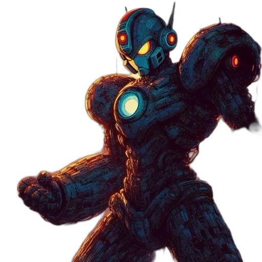 robot, weapon, concept art, comic book art, 3d render, pixel art, blue, imposing transparent PNG cut-out