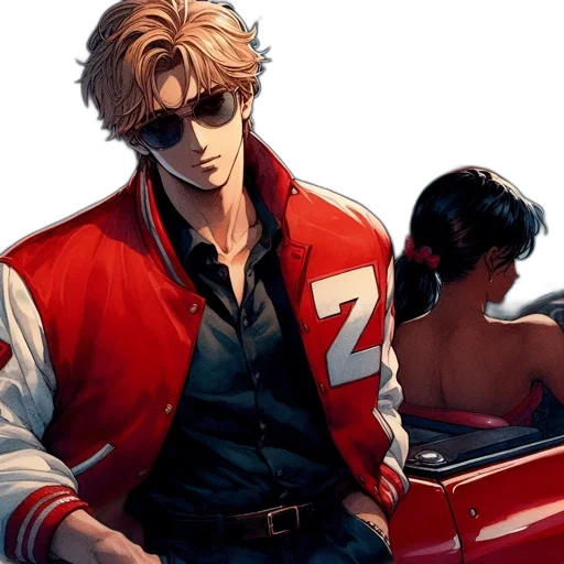 jacket, car, concept art, comic book art, anime, cyberpunk, red, two transparent PNG cut-out