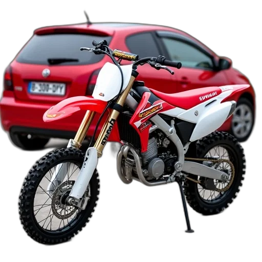 3d render, photorealistic, red, white, dirt, bike, word, sunway transparent PNG cut-out