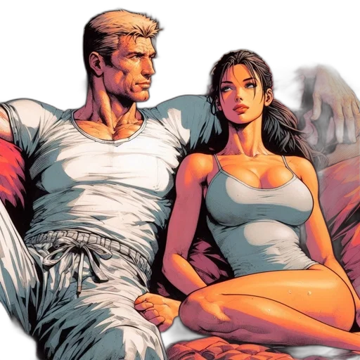 comic book art, concept art, sunset, two, animated, characters, one, male transparent PNG cut-out