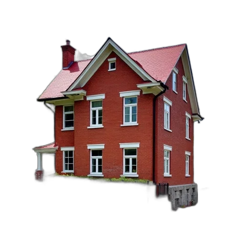 building, 3d render, photorealistic, concept art, red, brick, white, trim transparent PNG cut-out