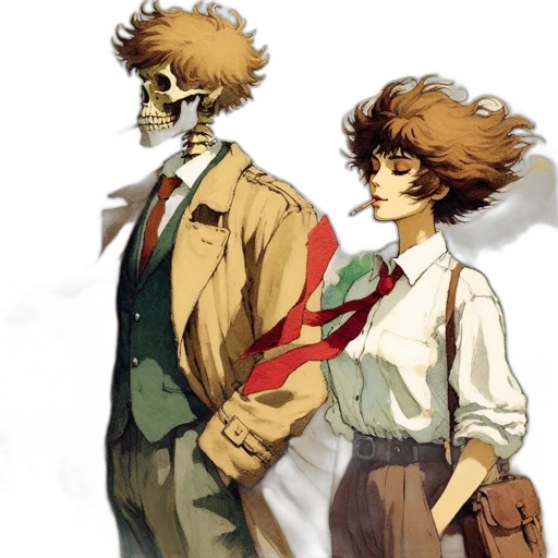 mask, jacket, staff, concept art, comic book art, anime, watercolor, earth tones transparent PNG cut-out