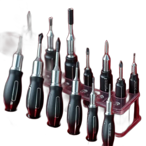 staff, set, shiny, new-looking, screwdrivers, black, silver, handles transparent PNG cut-out