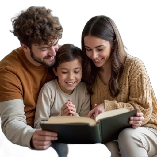 family, sitting, together, reading transparent PNG cut-out