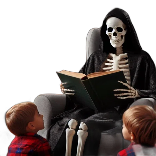 furniture, robot, skeletal, grim, reaper, figure, reads, two transparent PNG cut-out