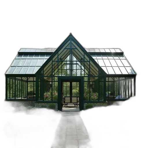 building, 3d render, photorealistic, concept art, greenhouse, roof, pitched, windows transparent PNG cut-out
