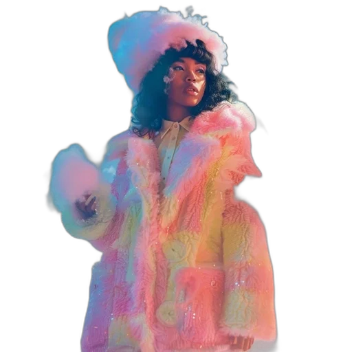 jacket, hat, dress, vaporwave, pastel, neon, colorful, woman transparent PNG cut-out