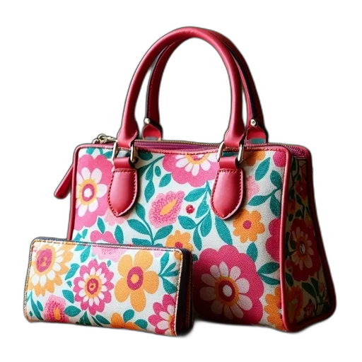 colorful, floral, patterned, handbag, matching, wallet, displayed, wooden transparent PNG cut-out