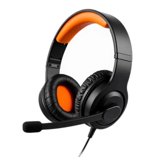 3d render, black, orange, wireless, gaming, headset, microphone, displayed transparent PNG cut-out