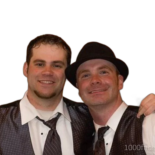 staff, hat, photorealistic, two, men, suits, ties, pose transparent PNG cut-out