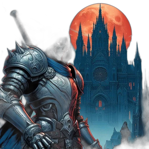 concept art, fantasy art, comic book art, red, skeletal, knight, stands, guard transparent PNG cut-out